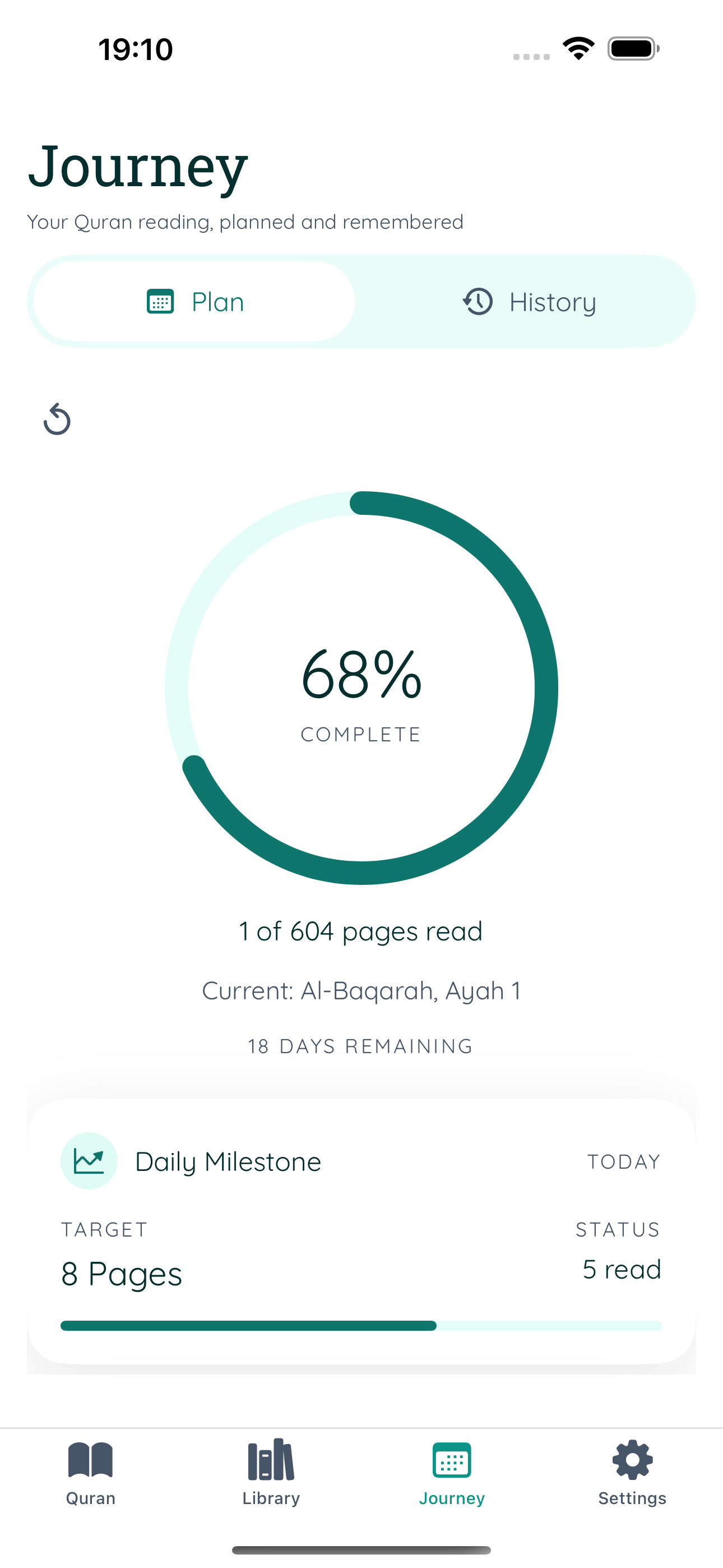 My Quran Reader Journey screen showing a reading plan, progress ring, and daily milestone